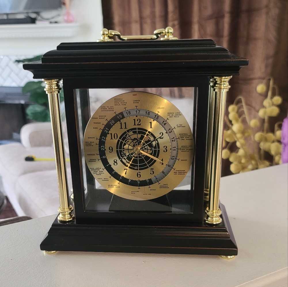 Rare 2004 Bombay Company Wood Mantel Shelf Clock with 24 Hr Dial and World Time